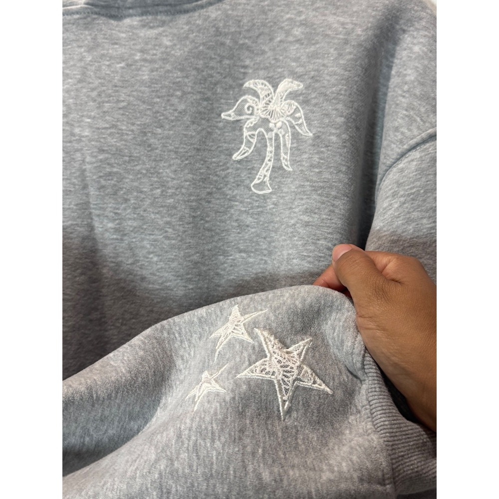 Pink Palm Puff Lacy Hoodie Sky Grey Large Angel Wings Embroidered Oversized - Picture 5 of 10